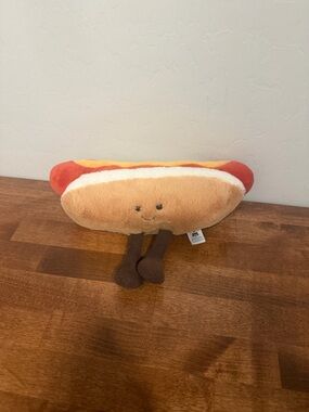 Jellycat Plush Hot Dog Character Pillow - Red, Orange, Cream, Brown